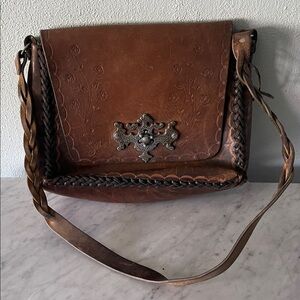 Vintage Handmade Brown Leather Satchel with Embossed Design